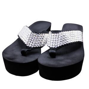 Y2K Rhinestone Platform Flip Flops Black Wedge Sandals Size 9